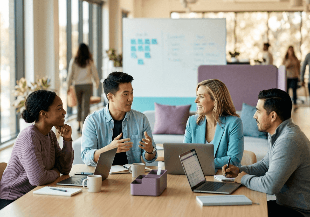 Soft skills 2026 — équipe collaborant avec intelligence émotionnelle, communication et leadership humain à Vannes