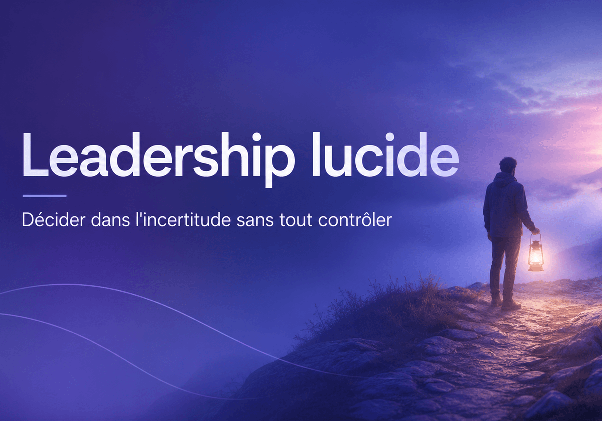 Un homme marche sur un sentier de montagne dans le brouillard, une lanterne à la main, vers un lever de soleil — illustration du leadership lucide par KonneXion.
