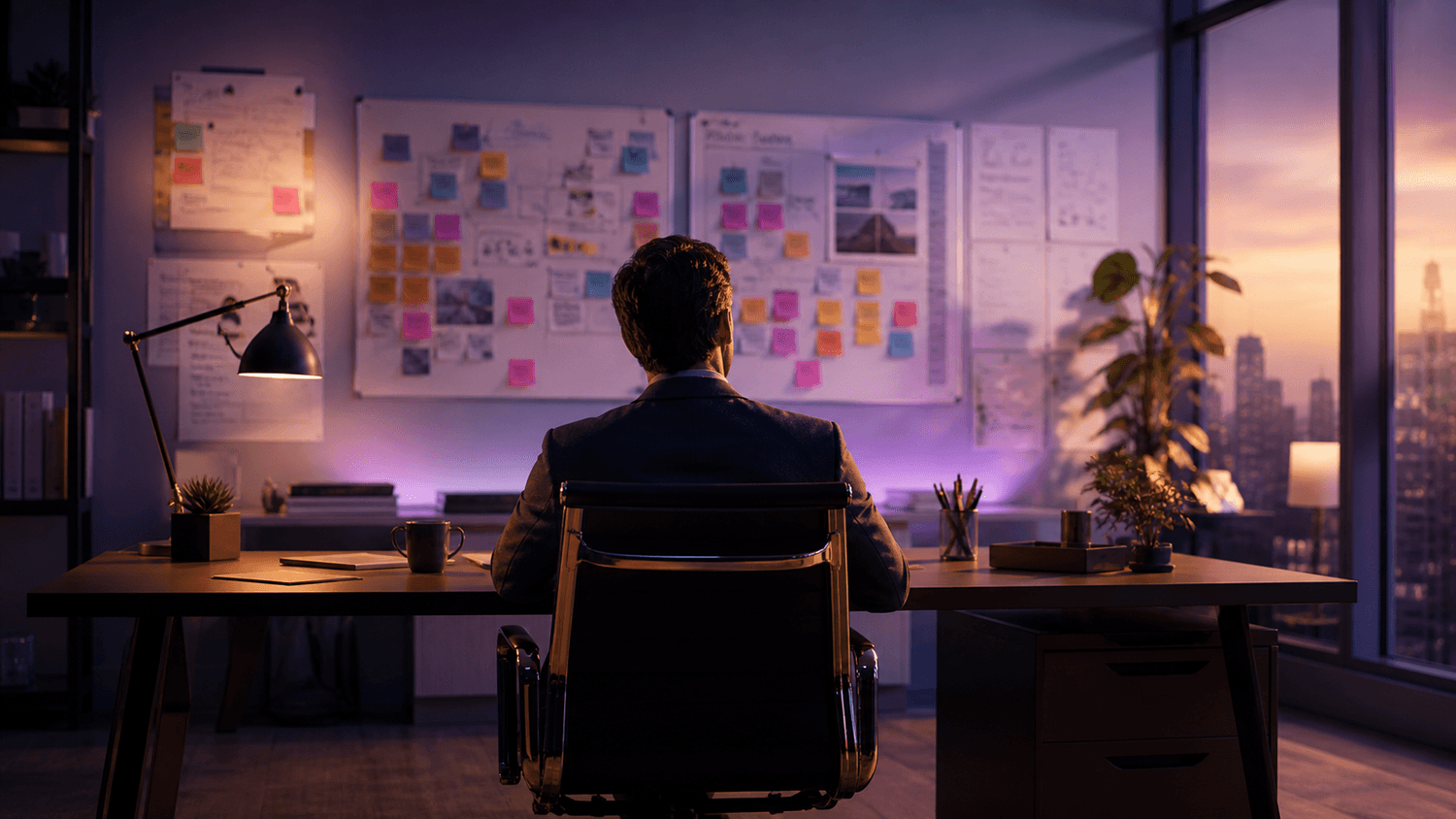 Manager au bureau face à un mur de post-its colorés en fin de journée — illustration du leadership lucide par KonneXion.