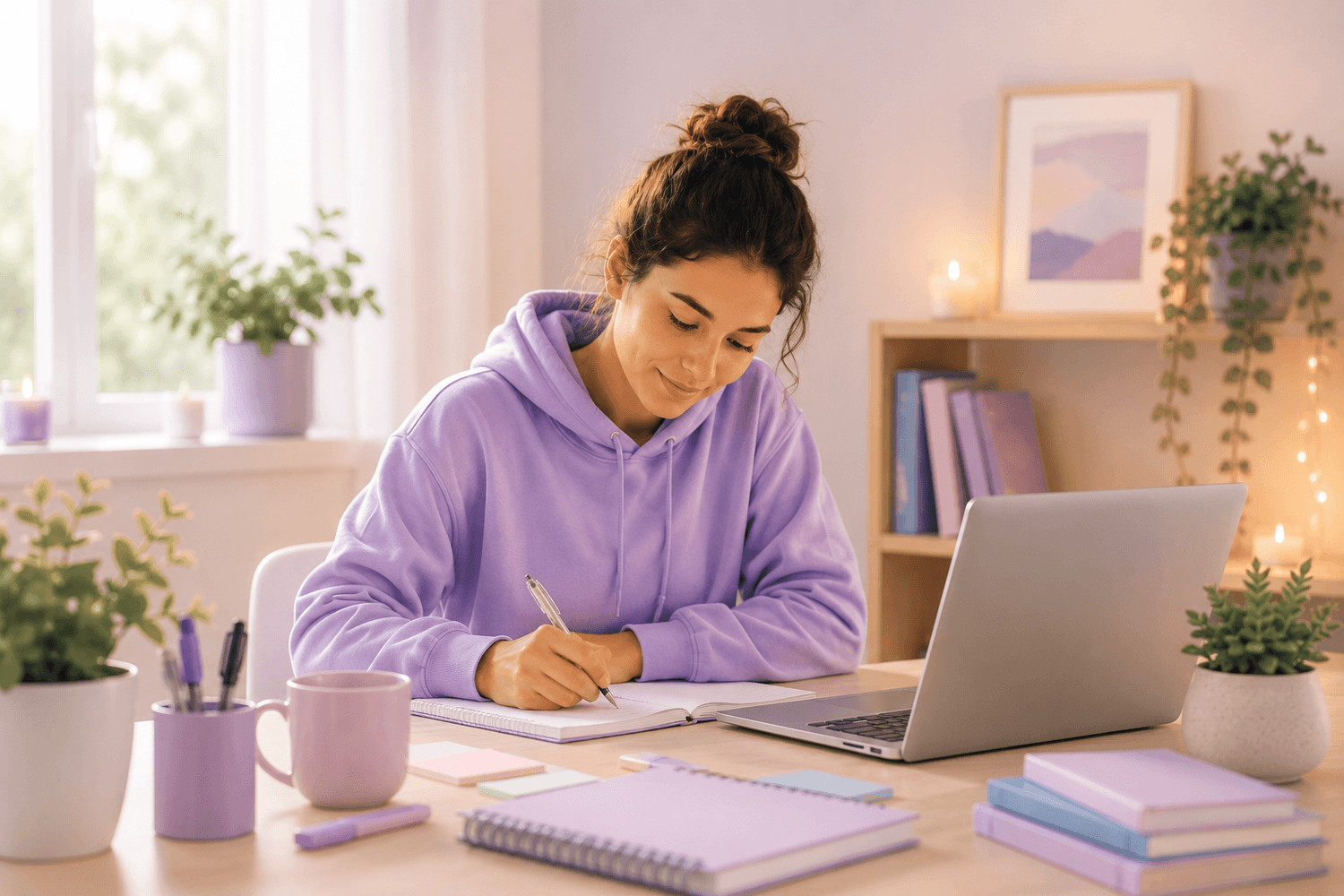 Étudiante qui révise sereinement avant un examen dans une ambiance douce et apaisante