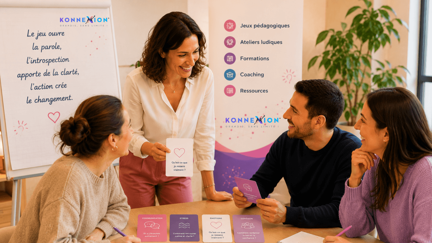 Atelier professionnel ludique avec des participants autour de cartes pédagogiques pour travailler le management, les soft skills et la cohésion d’équipe