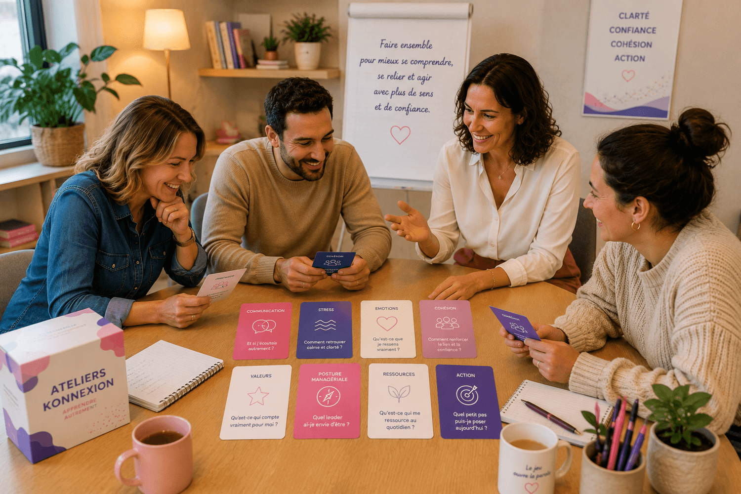Atelier professionnel en équipe avec des cartes pédagogiques pour travailler la communication, le stress, les émotions et la cohésion