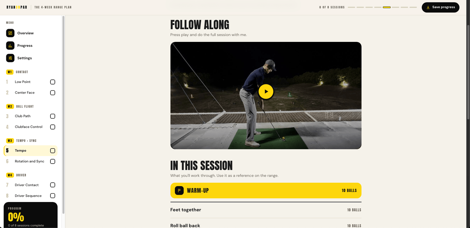 Session page with video and drills