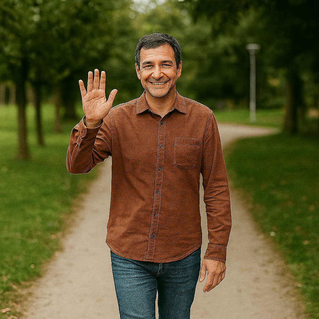 Testimonio de Carlos, hombre de mediana edad, sonriente y feliz paseando por un parque