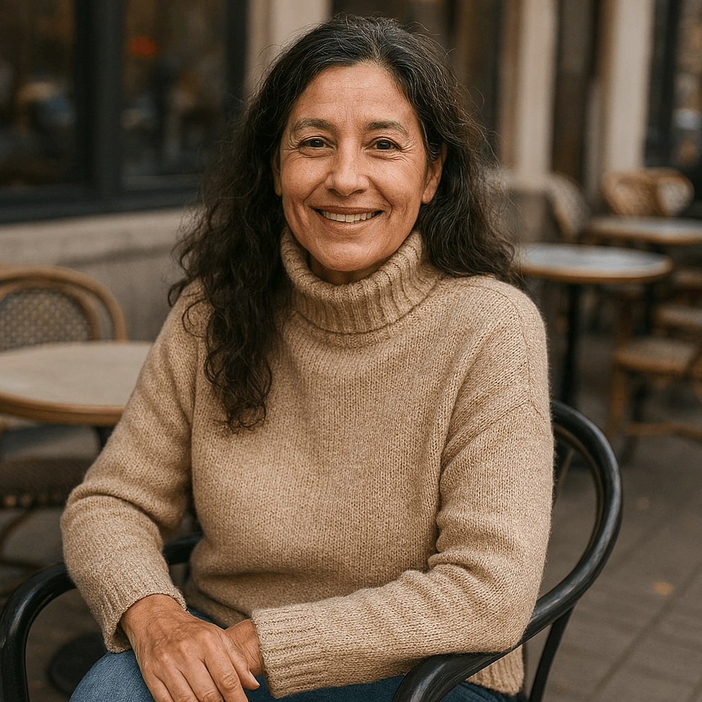 Testimonio de Laura, mujer de 33 años, sonriente en la terraza de un bar o cafetería