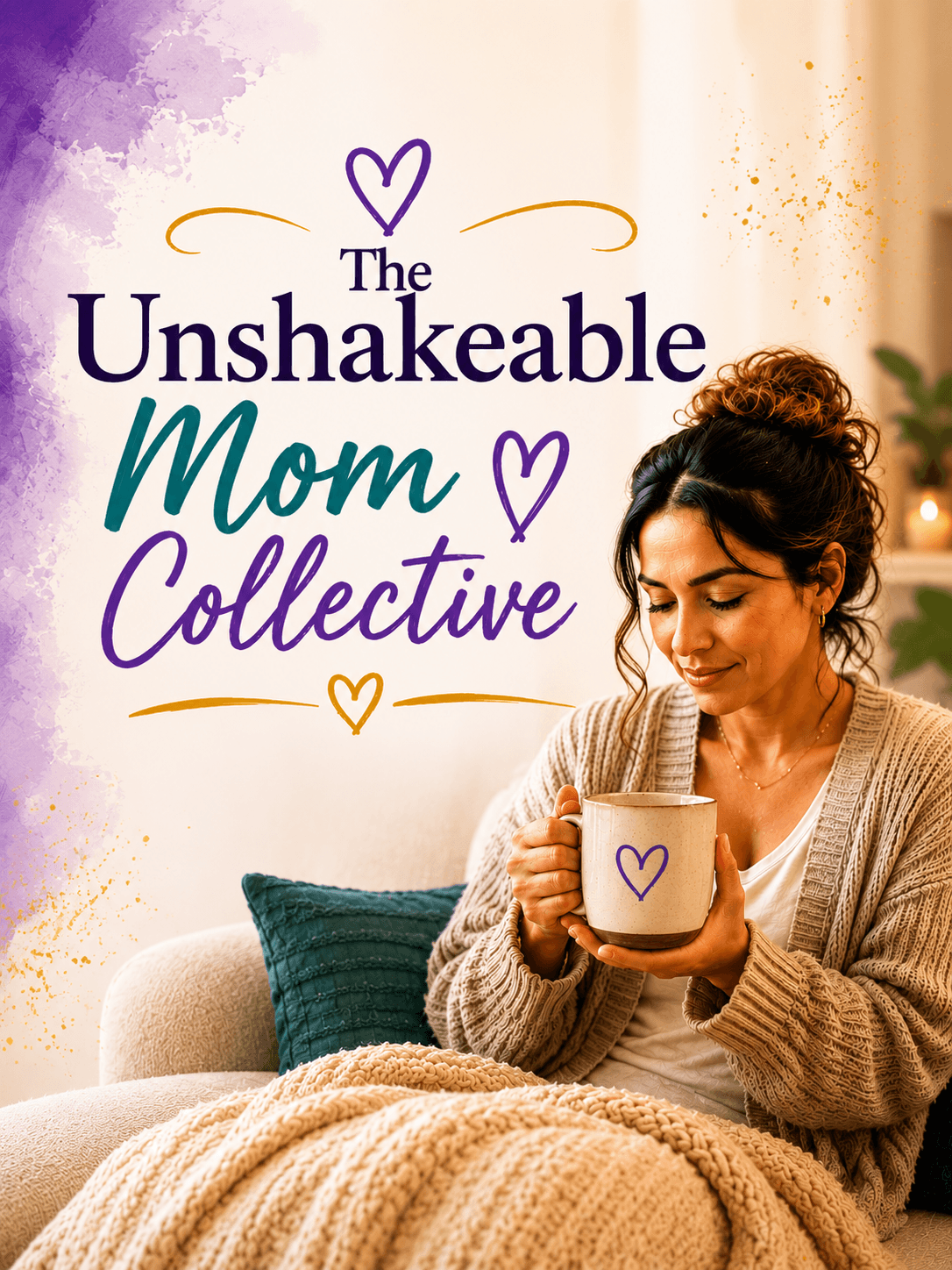 Woman sitting cozy on a couch holding a mug with a purple heart, looking peaceful and at ease — The Unshakeable Mom Collective