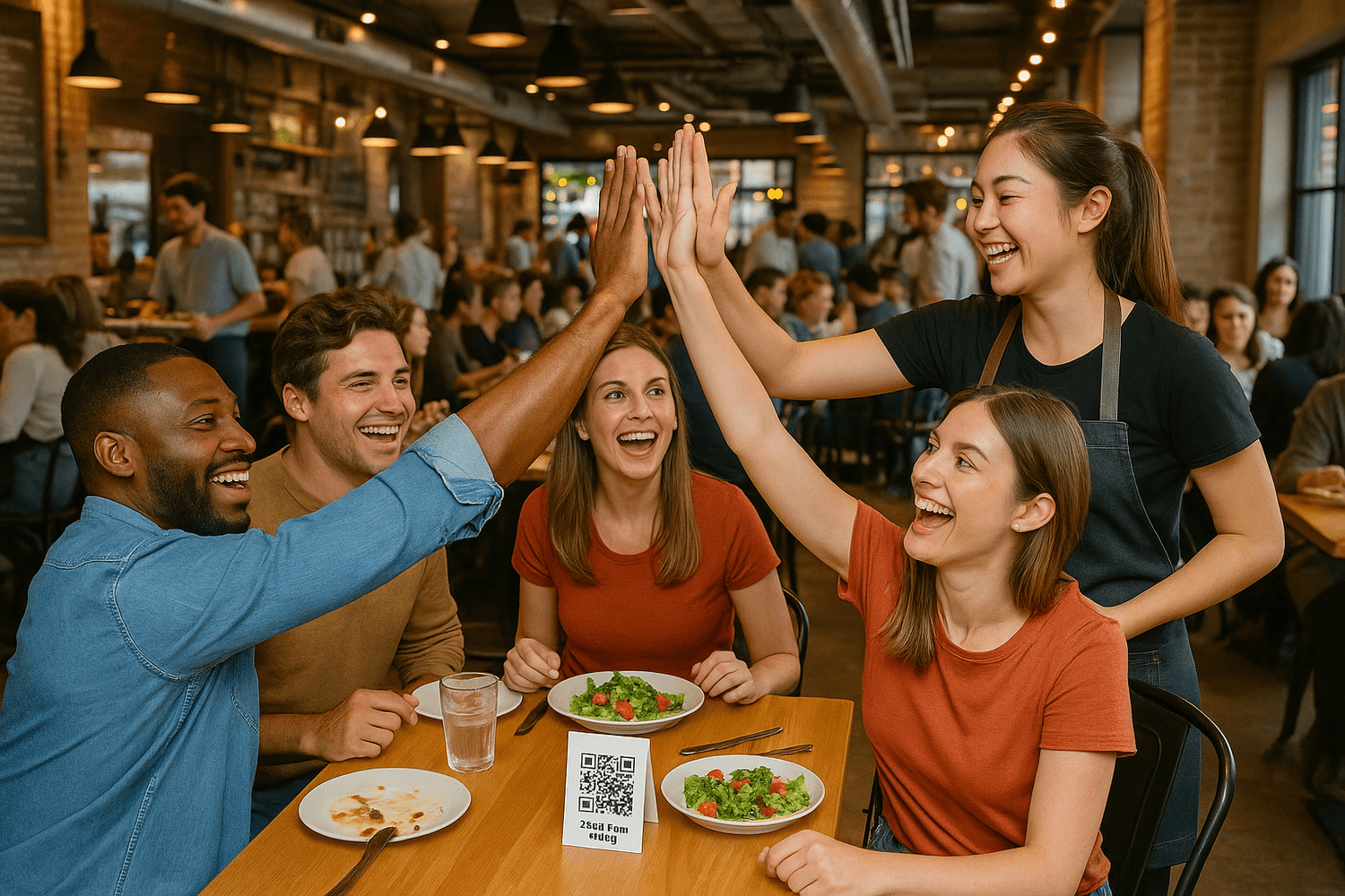 People in busy restaurant giving each other high fives