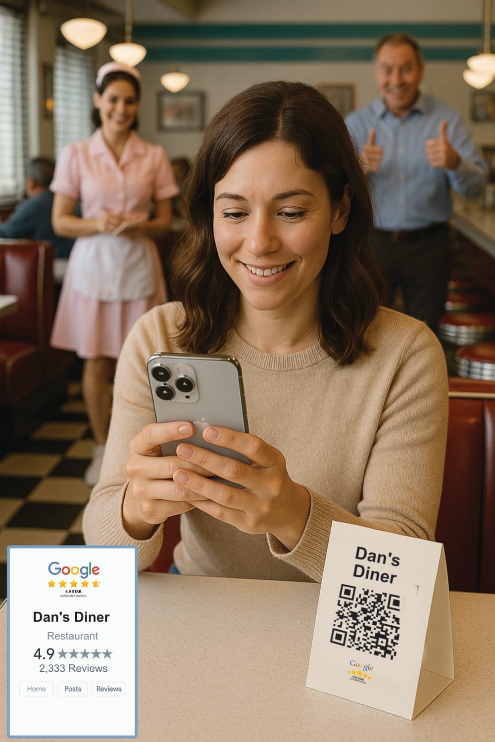 Girl in diner scanning the QR Code to leave a Google Review