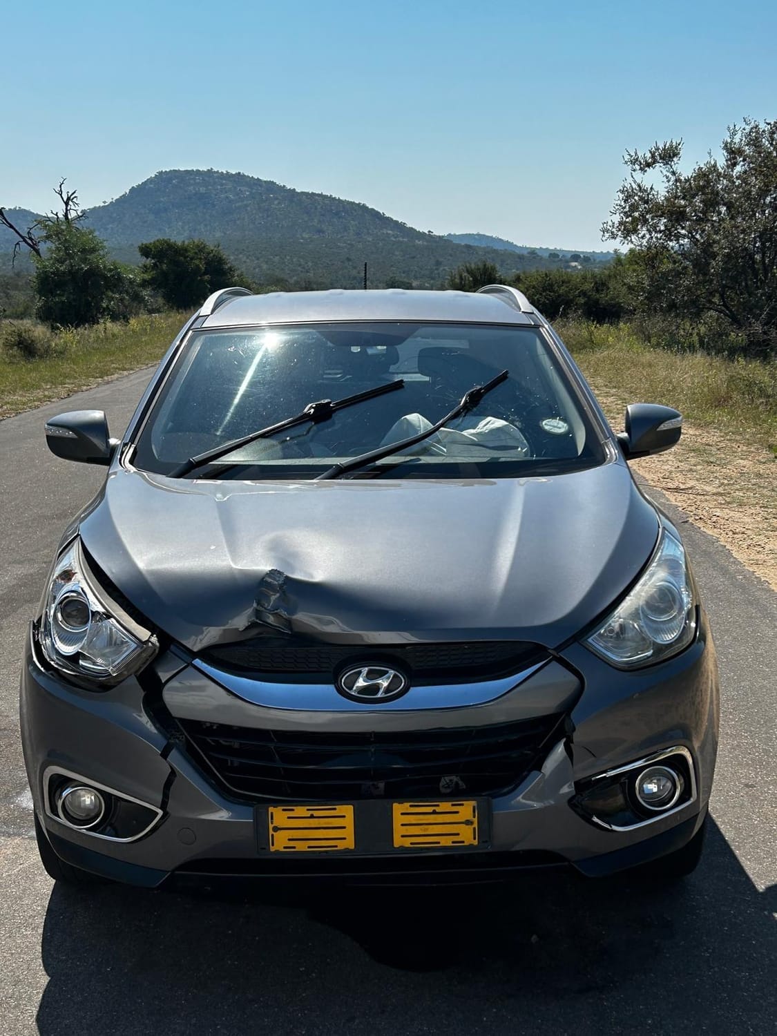 Coche accidentado en Kruger tras atropellar a un impala en un safari por libre “self drive accident”.