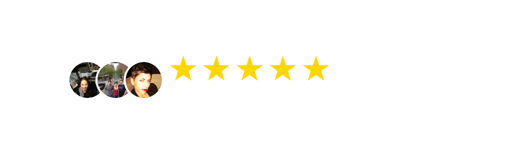 Five star rating badge showing 5 out of 5 stars with customer profile photos and text stating over 100 happy customers and counting