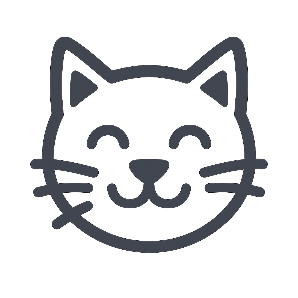 Happy cat face icon with whiskers and a smiling expression, representing the joy and contentment pets experience with consistent daily care, fresh meals, potty breaks, and regular playtime that keeps their routine stress-free.