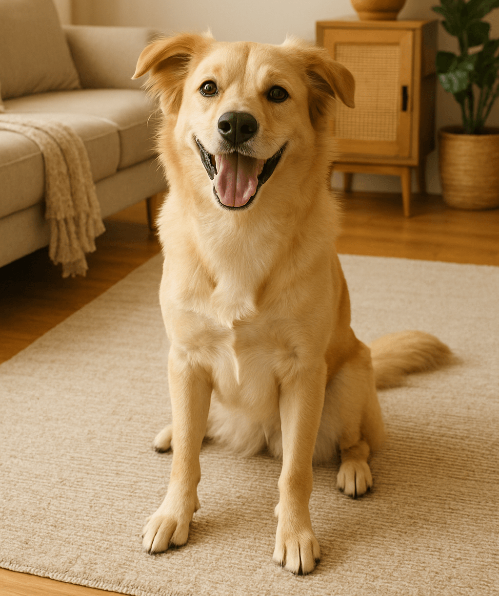 Happy golden retriever sitting on living room rug with tongue out, looking content and well-cared for