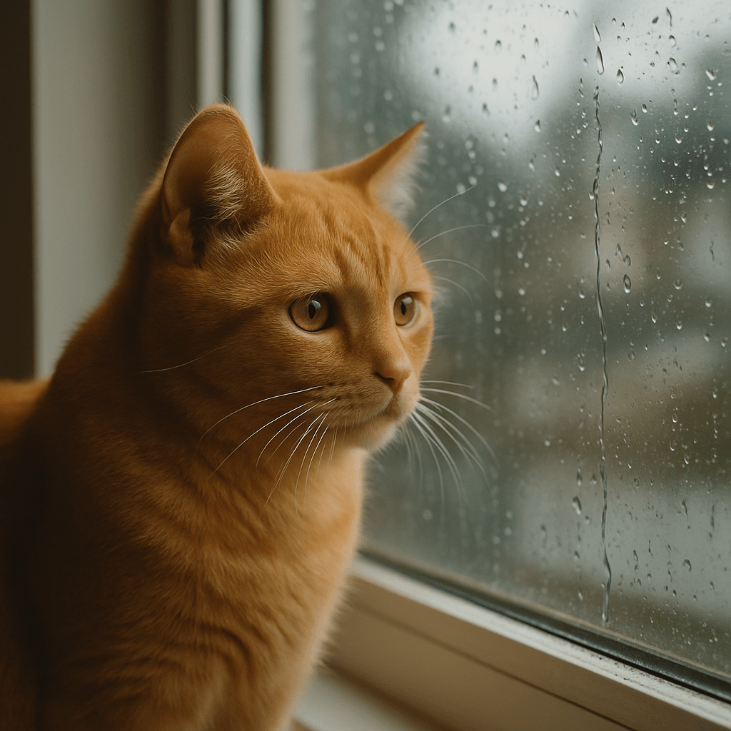 Orange tabby cat sitting by a rain-streaked window, gazing outside with a sad expression, highlighting the emotional connection between pets and their daily care needs.