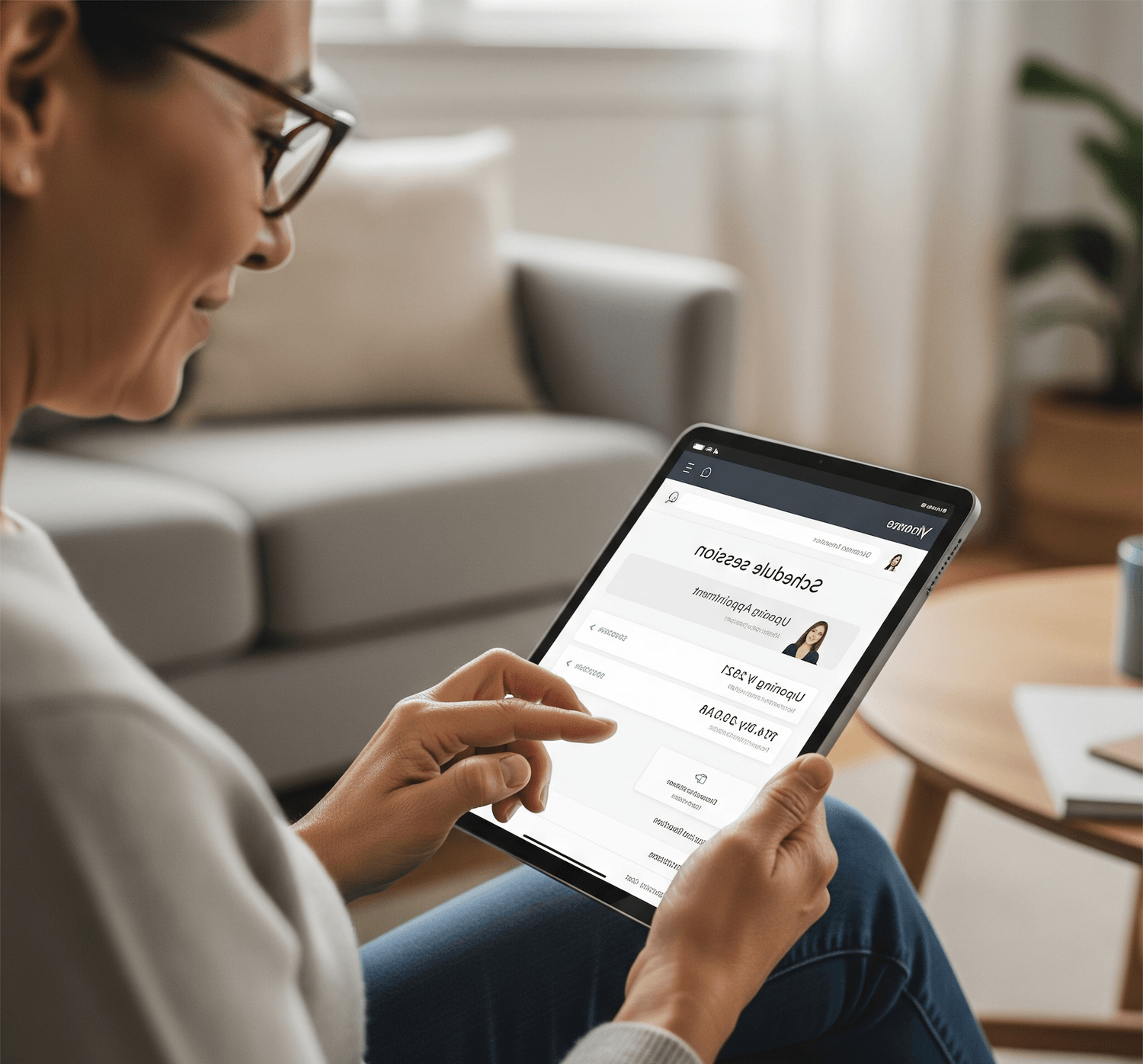 Person using a tablet to schedule an appointment online, demonstrating the easy booking process for a pet care consultation where clients can select their preferred date and time.