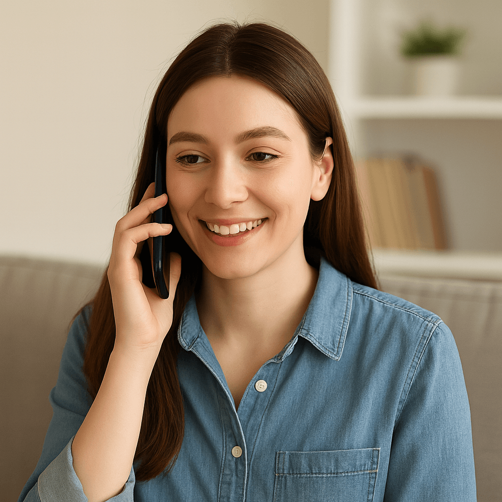 Woman smiling while talking on the phone in a bright, modern home setting, representing the personalized 30-minute consultation call where pet care routines and needs are discussed to create a tailored care schedule.