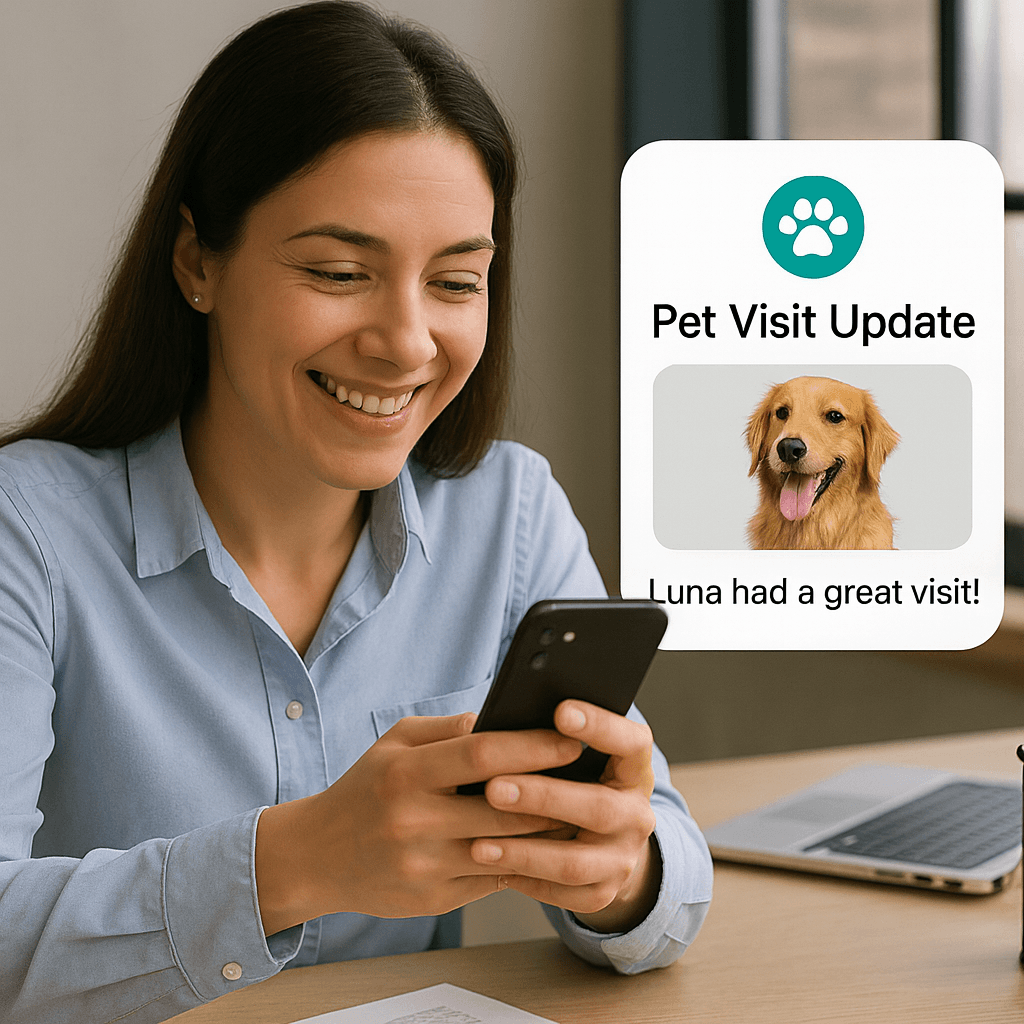 Woman smiling while looking at her phone, receiving a pet visit update message with a photo of a golden retriever, demonstrating the reassuring communication and photo updates that pet owners receive after each visit to know their pets are well cared for.