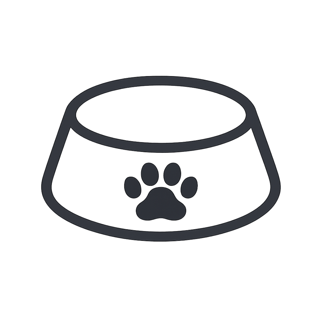 Dog bowl icon with paw print representing feeding and playtime services, symbolizing regular feedings and light play or cuddle time to keep pets happy and maintain their routine during pet care visits.
