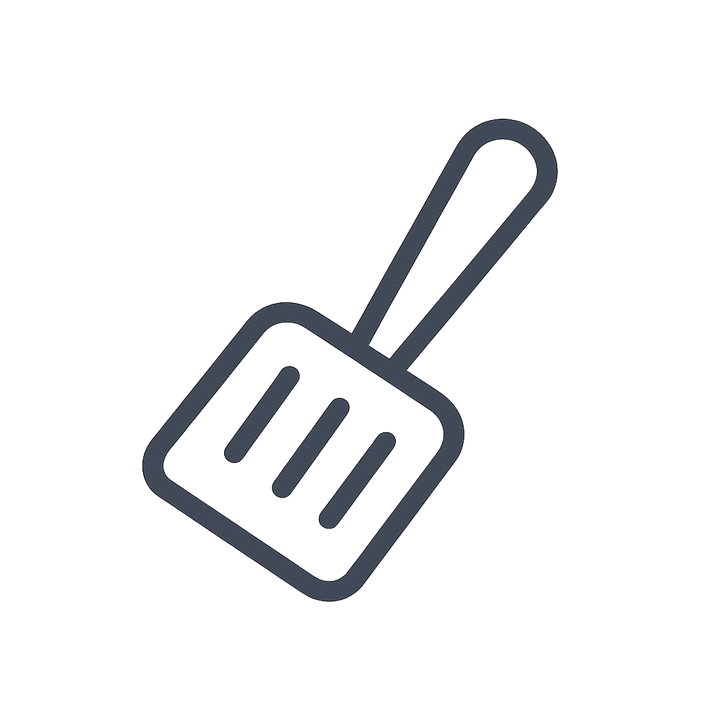 Simple line drawing of a cat litter scoop with holes for sifting, representing the litter box maintenance service offered.