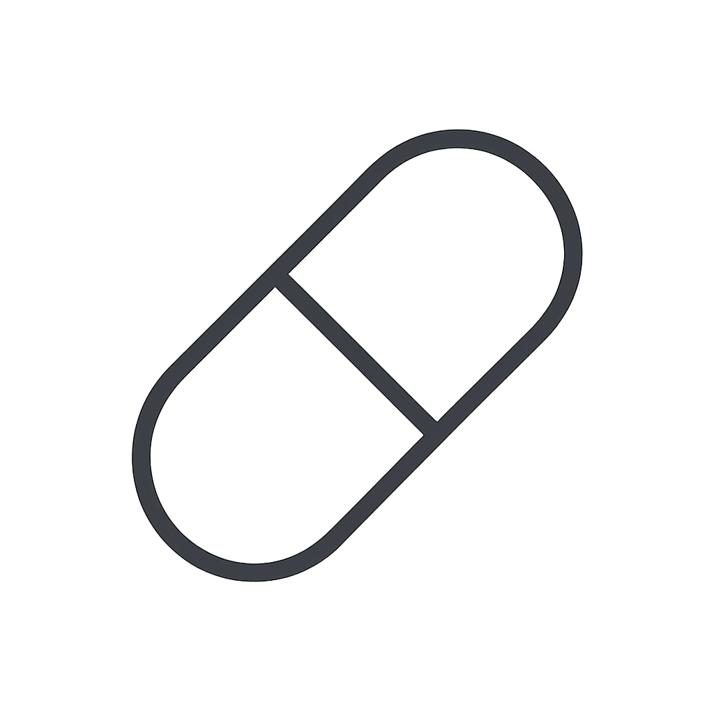 Simple line drawing of an oval-shaped pill or capsule, representing the safe administration of basic oral or topical medications for pets.