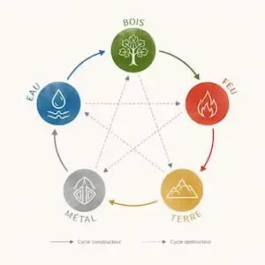 Les cinq éléments du Feng Shui : bois, feu, terre, métal et eau