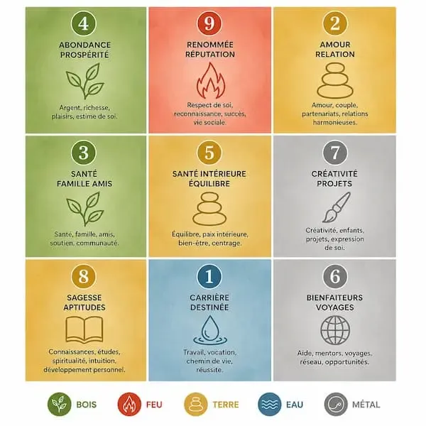 Bagua, carte énergétique des neuf secteurs du Feng Shui