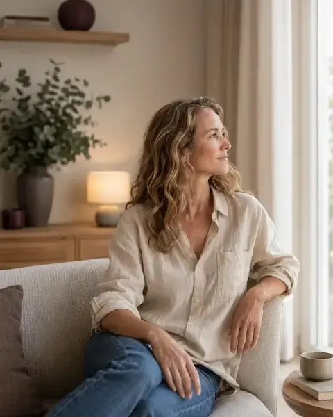 Femme prenant un temps de recentrage dans un intérieur lumineux