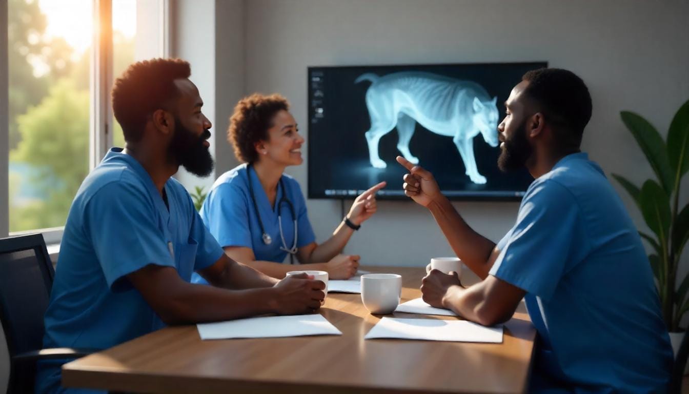 Three Veterinarians discussing a case and pointing at an x-ray scan on a screen