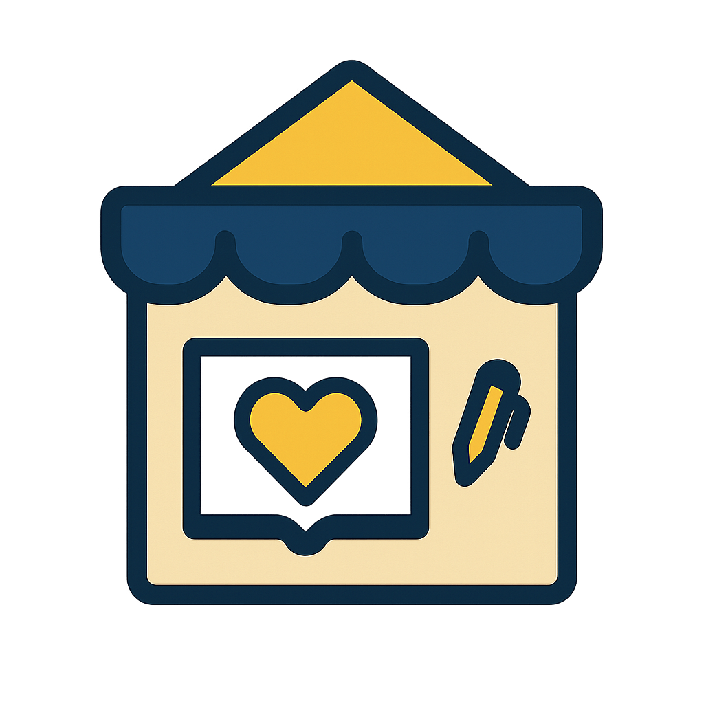 Icon eines kleinen Ladens mit Herz und Dokument – symbolisiert Lösungen für echte Handwerks- und Dienstleistungsbetriebe.