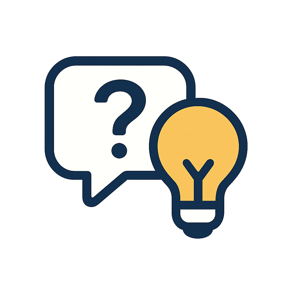 Icon mit Sprechblase, Fragezeichen und Glühbirne – steht für leicht verständliche Inhalte mit klaren Aha-Momenten.