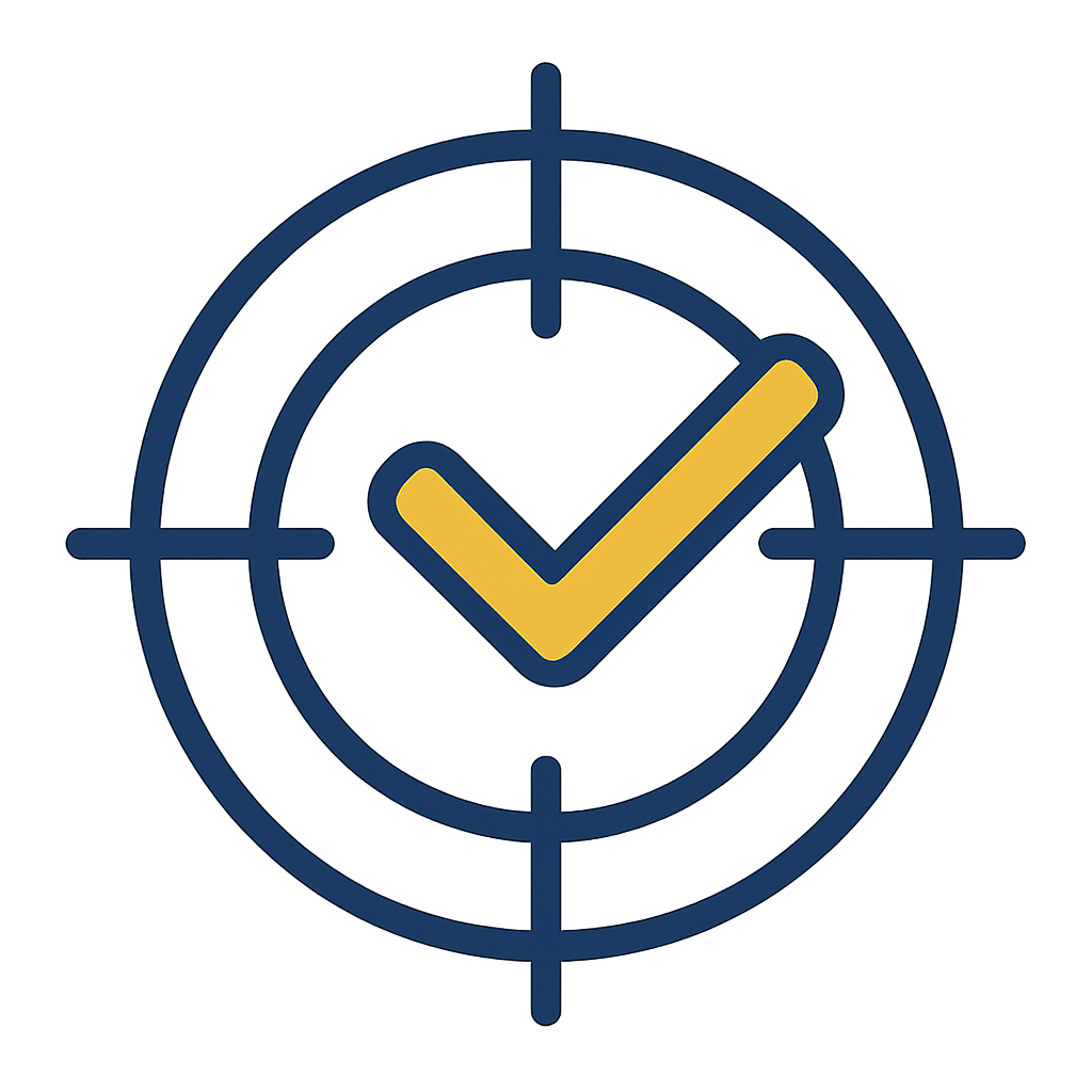 Icon mit Zielscheibe und gelbem Haken – visualisiert den Fokus auf effektive Umsetzung mit geringem Aufwand.