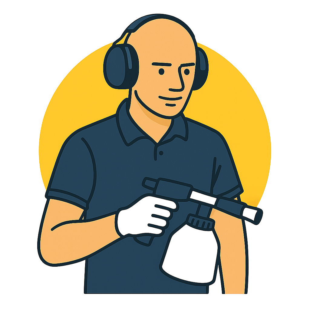 Illustration eines Kfz-Aufbereiters aus Frankfurt mit Poliergerät – Praxisfeedback zum Visibee eBook für Werkstätten