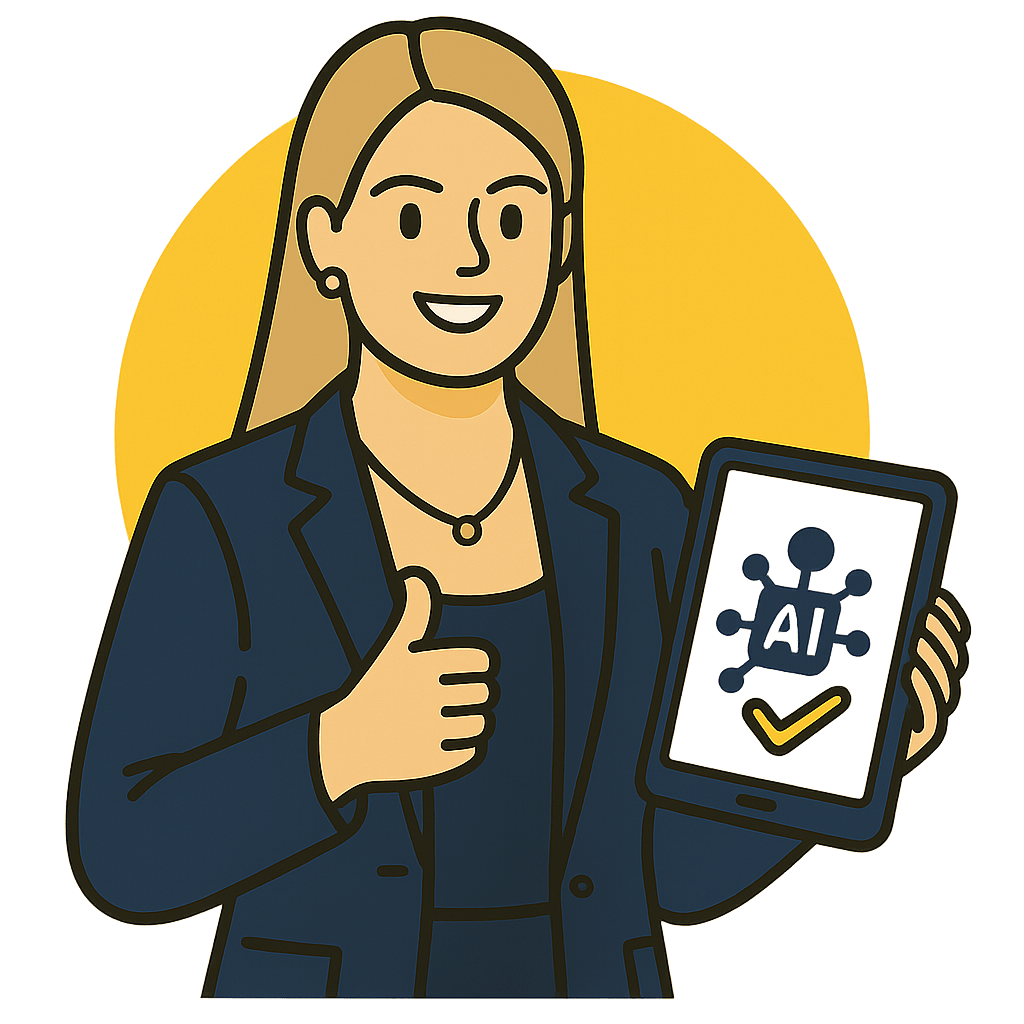 Illustration einer Automobilverkäuferin aus Frankfurt mit Tablet – positive Bewertung für Visibee eBook über digitales Marketing