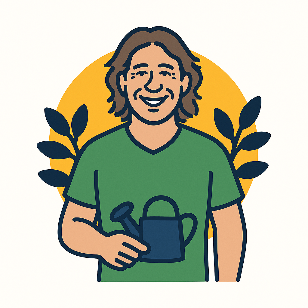 Illustration eines lächelnden Gärtners mit Gießkanne – echte Kundenstimme aus Aschaffenburg im Visibee-Stil