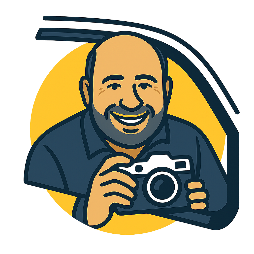 Illustration eines Fotografen mit Kamera und Autoelement – Kundenfeedback eines Fotoprofis aus Aschaffenburg