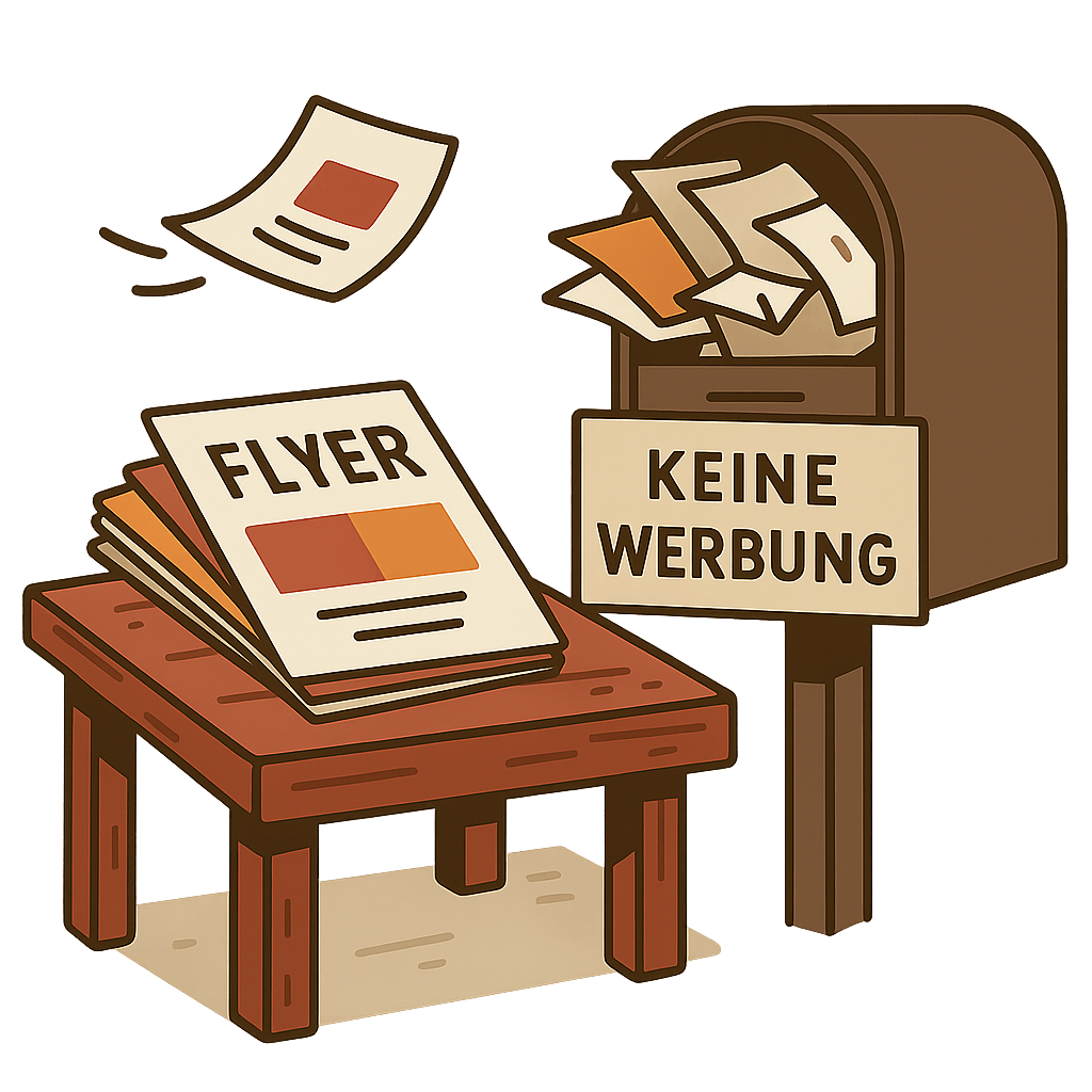 Flyer und voller Briefkasten mit Aufkleber „Keine Werbung“ – Symbol für veraltete und ineffektive Werbemethoden