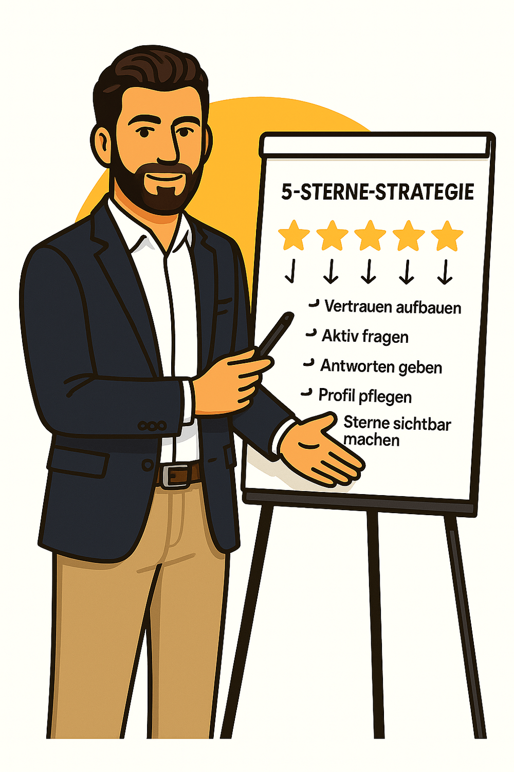 Visibee Gründer erklärt an Flipchart seine 5-Sterne-Strategie für Google-Bewertungen – mit Tipps zum Vertrauen aufbauen, aktiv fragen, antworten, Profil pflegen und Sichtbarkeit erhöhen