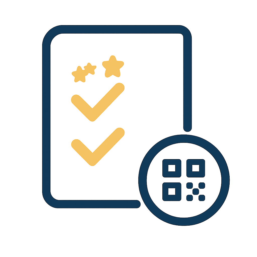 Symbol für smarte Tools – Bewertungszettel mit QR-Code und Häkchen