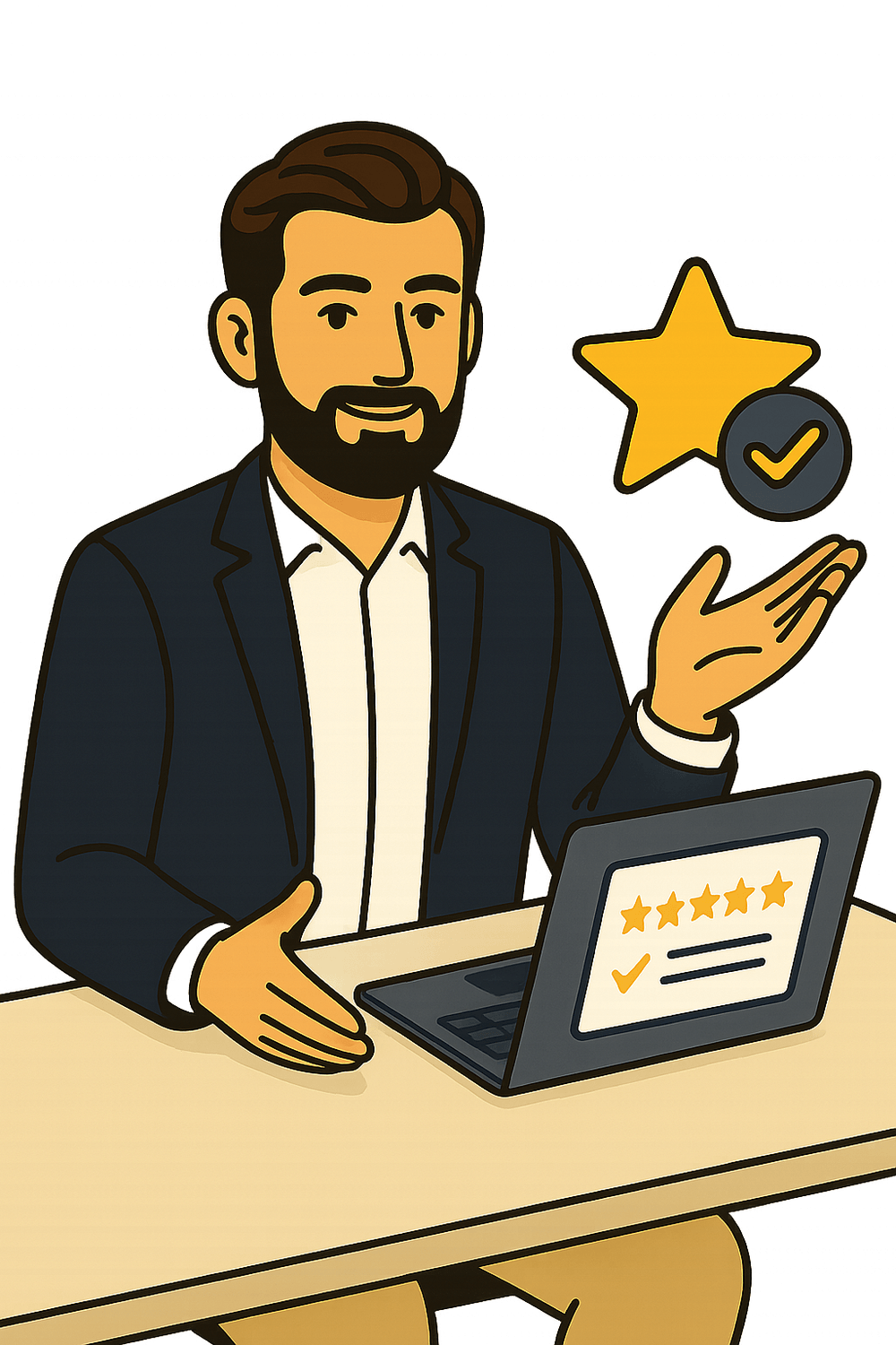 Visibee Gründer sitzt am Schreibtisch mit Laptop und zeigt eine fünf Sterne Bewertung – Symbol für Erfolg mit Google-Bewertungen durch einfache Strategien