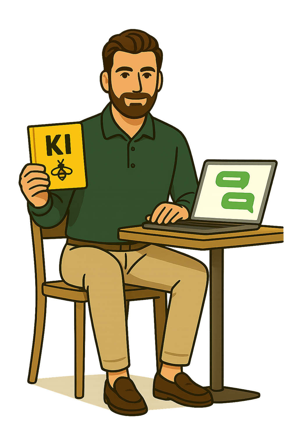 Gründer sitzt am Tisch mit Laptop und hält ein gelbes KI-E-Book mit Biene – Gründer von Visibee erklärt, wie künstliche Intelligenz kleinen Betrieben hilft.