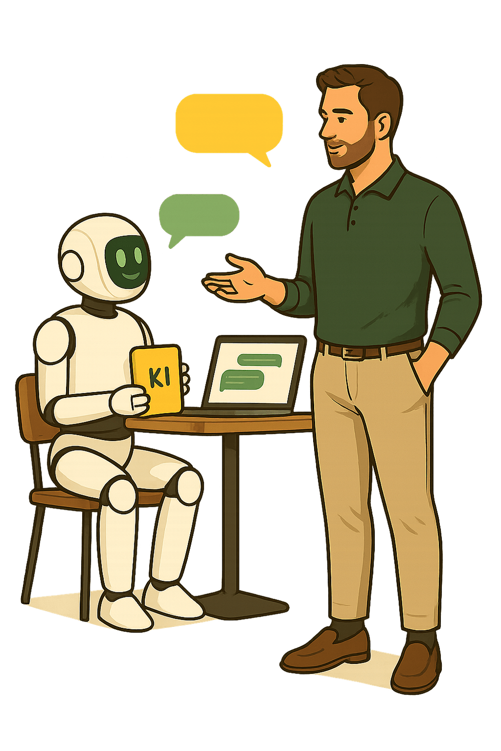 Illustration: Ein Mann im Gespräch mit einem Roboter, beide sitzen an einem Tisch mit Laptop – symbolisiert, wie einfach KI auch für kleine Betriebe erklärt werden kann.