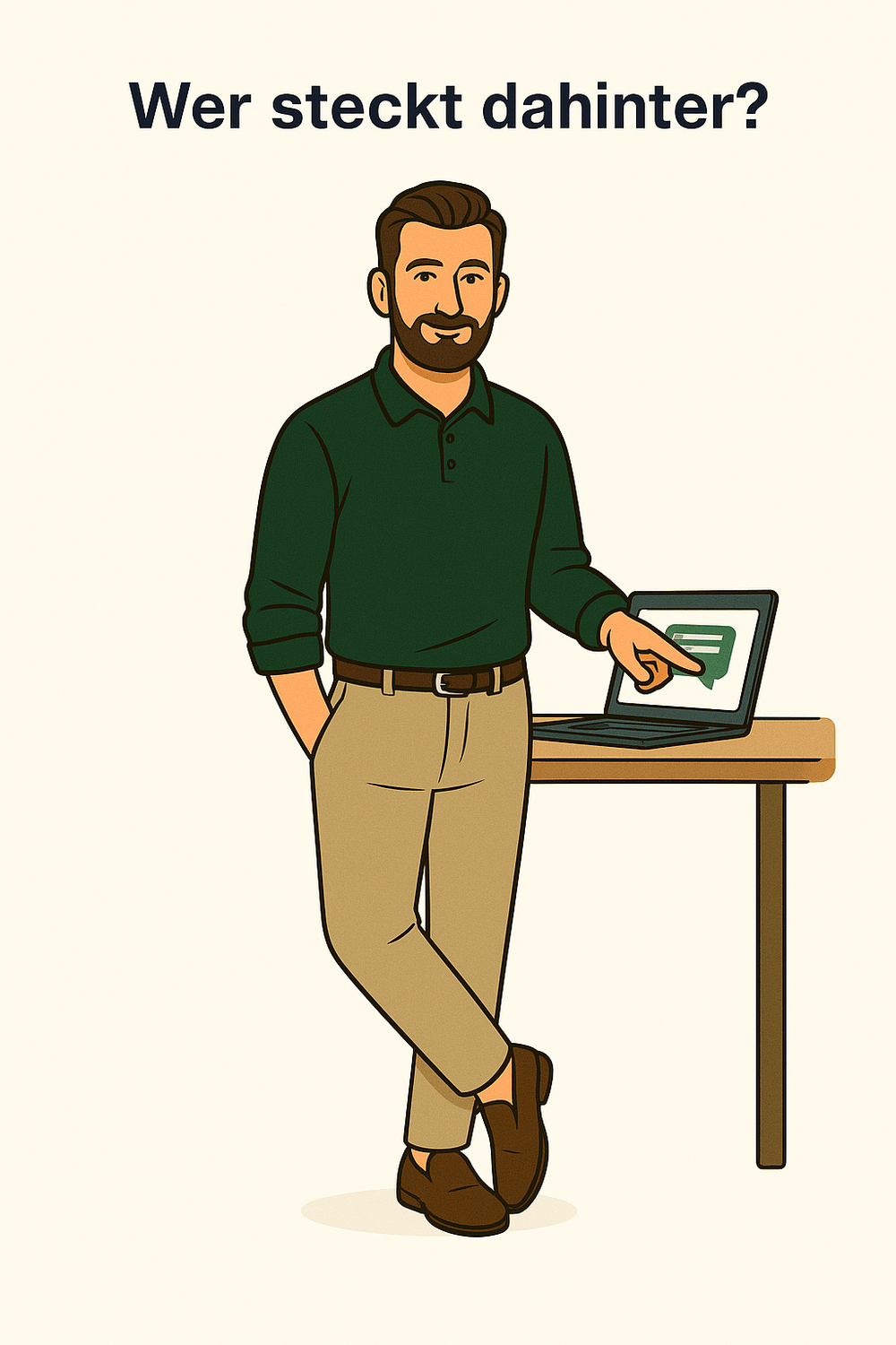 Illustration des Visibee-Gründers in grünem Hemd, stehend neben Laptop – symbolisiert den persönlichen, praxisnahen Support für kleine Betriebe.