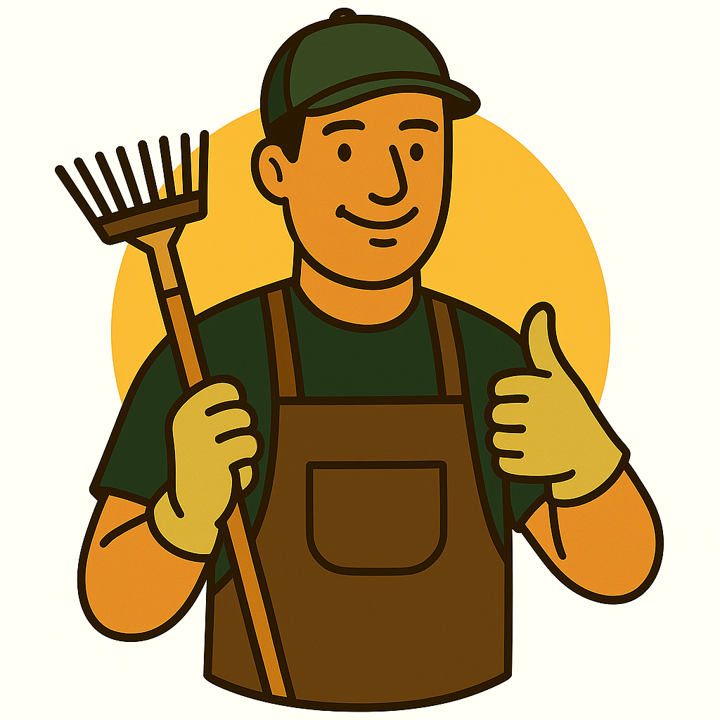 Illustration eines Gärtners mit Rechen und grünem Outfit – steht für erfolgreiche Umsetzung mit Visibee im Handwerksbereich.