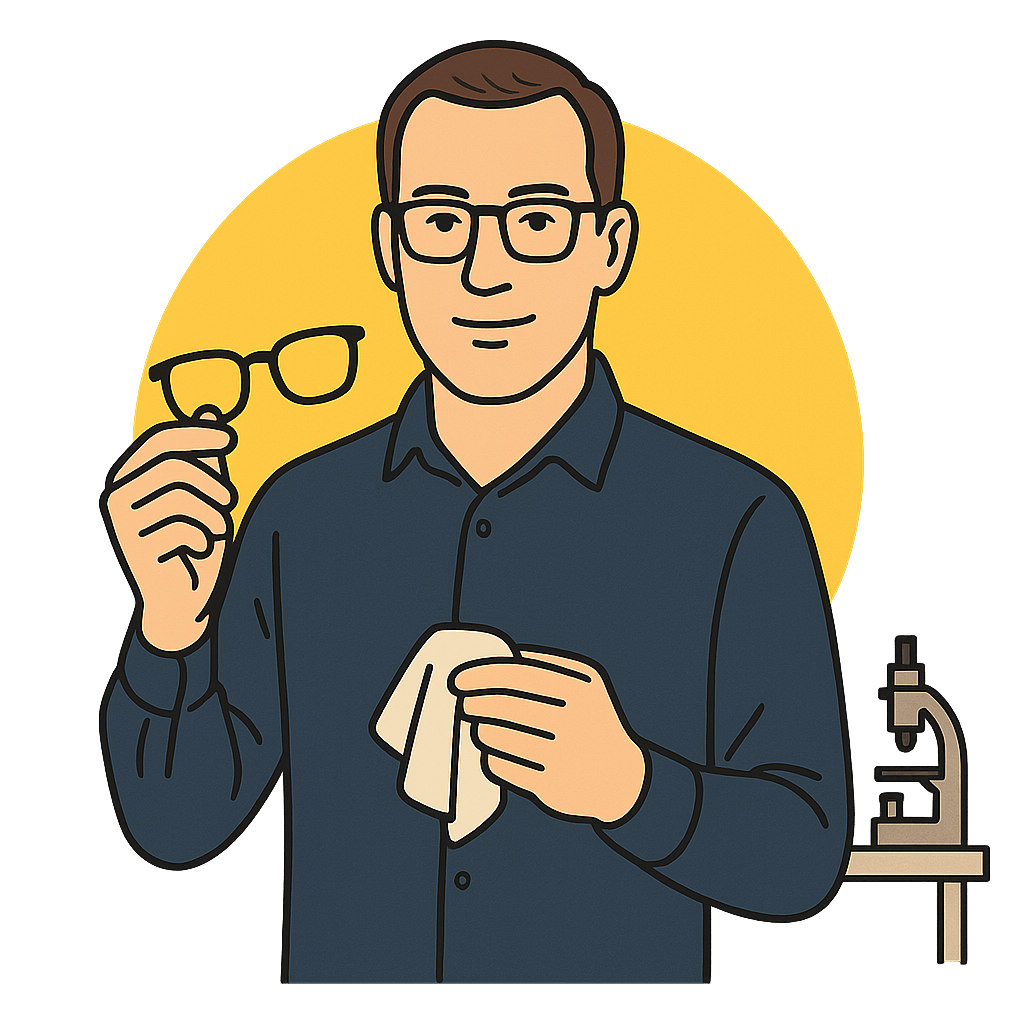 Illustration eines Optikers mit Brille und Tuch – für professionelles Auftreten mit DSGVO-konformen Vorlagen auch ohne Online-Marketing-Erfahrung.
