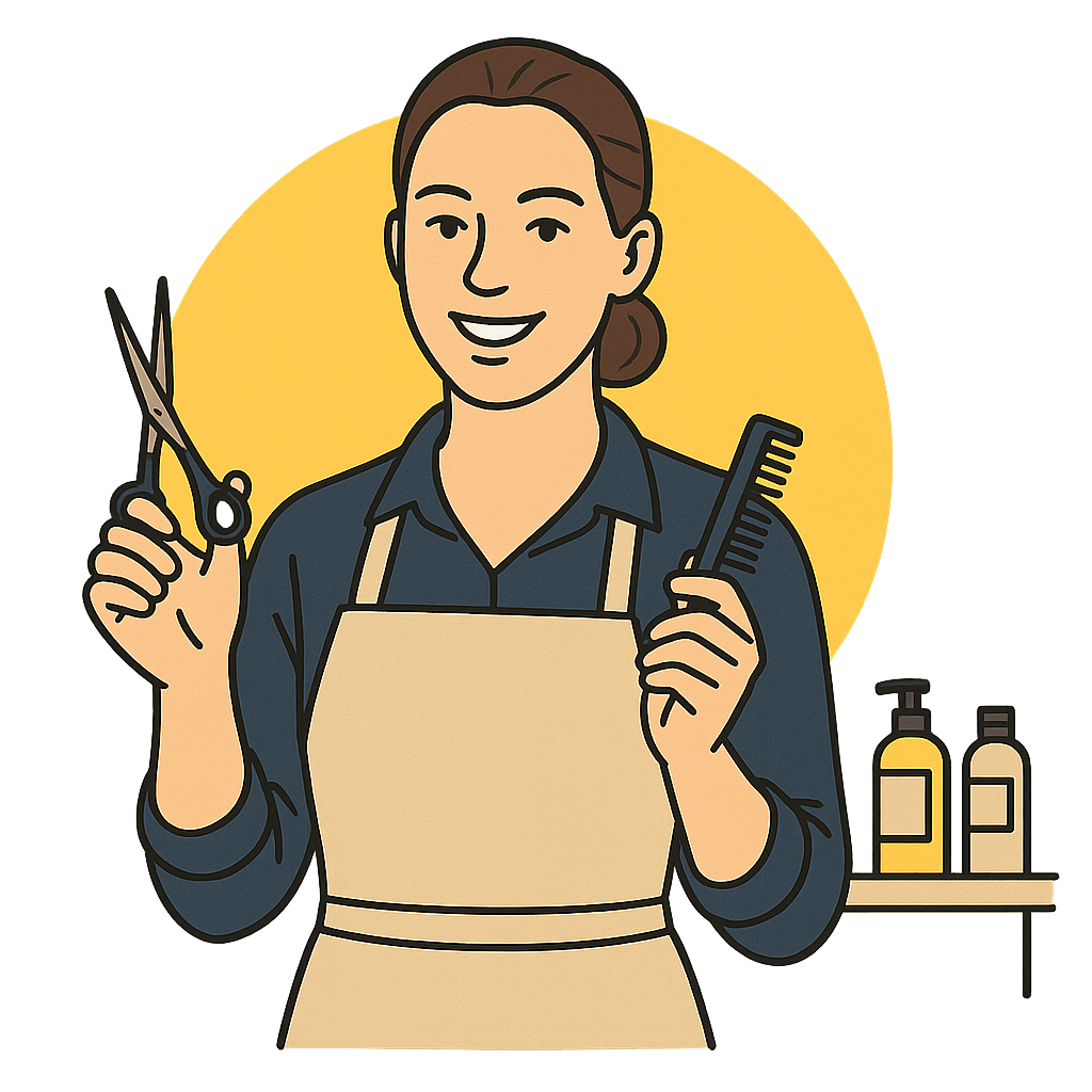 Illustration einer Friseurin mit Schere und Kamm – symbolisiert souveräne Reaktionen auf Bewertungen durch stilvolle Textvorlagen.