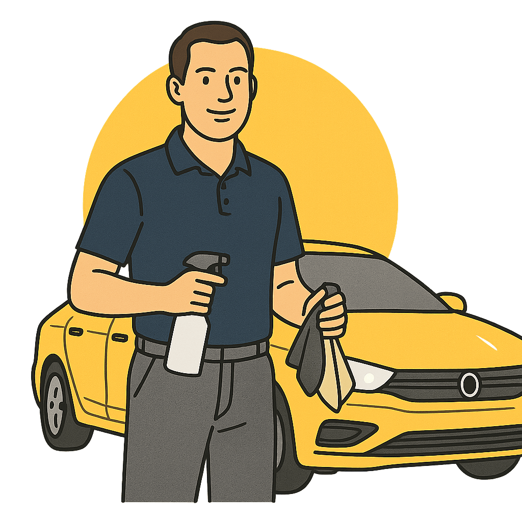 Illustration eines Fahrzeugaufbereiters mit Poliermaschine vor Auto – zeigt, wie das Google-Profil als Vertrauensbeweis eingesetzt werden kann.