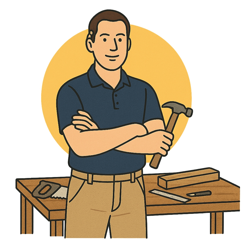 Illustration eines Handwerkers mit Hammer vor Werkbank – steht für mehr Sichtbarkeit und Vertrauen durch professionelle Google-Bewertungen.