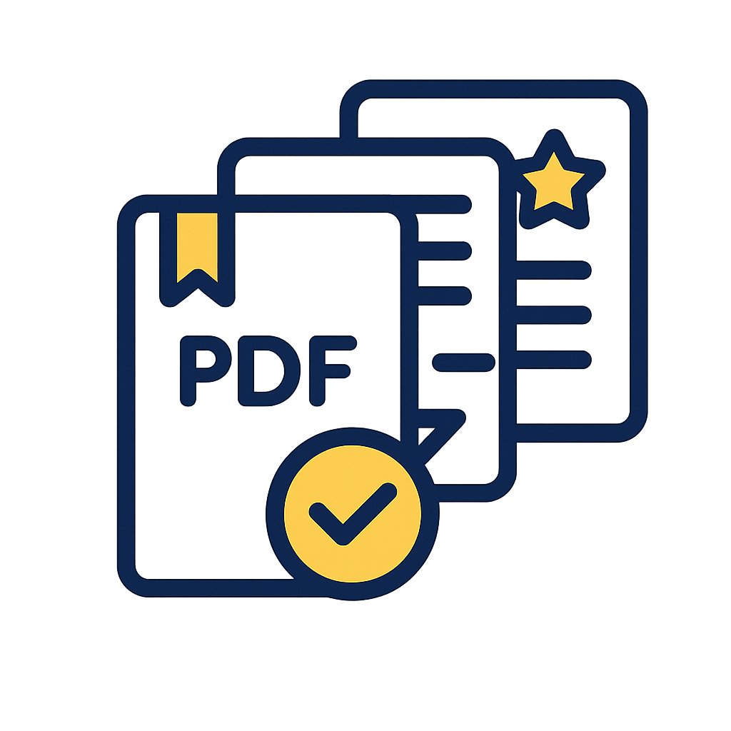 Mehrere PDF-Dokumente mit Haken und Stern – Zugang zu Checkliste, Profi-Prompts und Fallbeispielen.