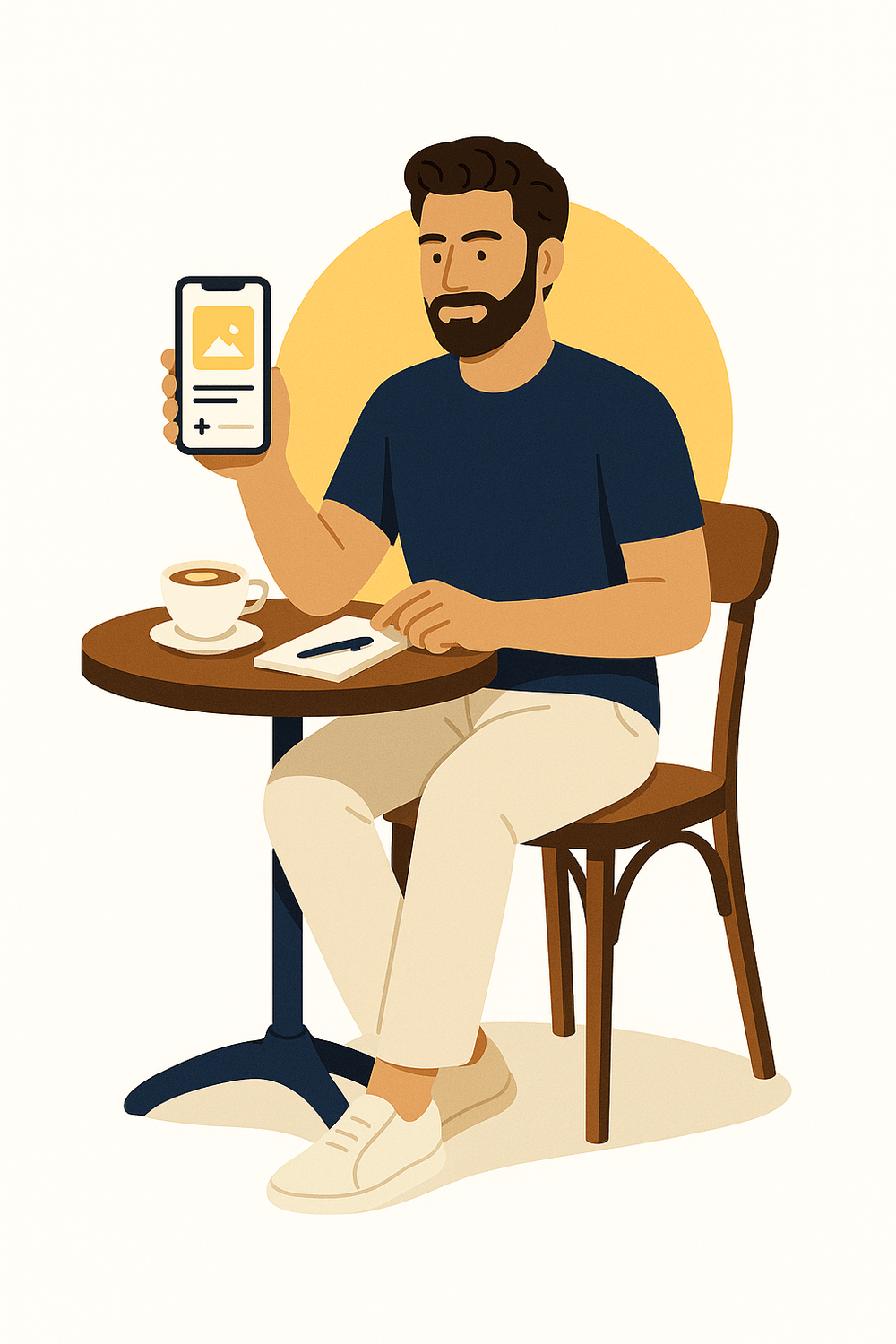 Moritz Kemmerer sitzt am Café-Tisch mit Kaffee, Notizblock und zeigt auf seinem Smartphone einen Instagram-Post – sinnbildlich dafür, wie einfach und wirkungsvoll kleine Betriebe Instagram nutzen können.