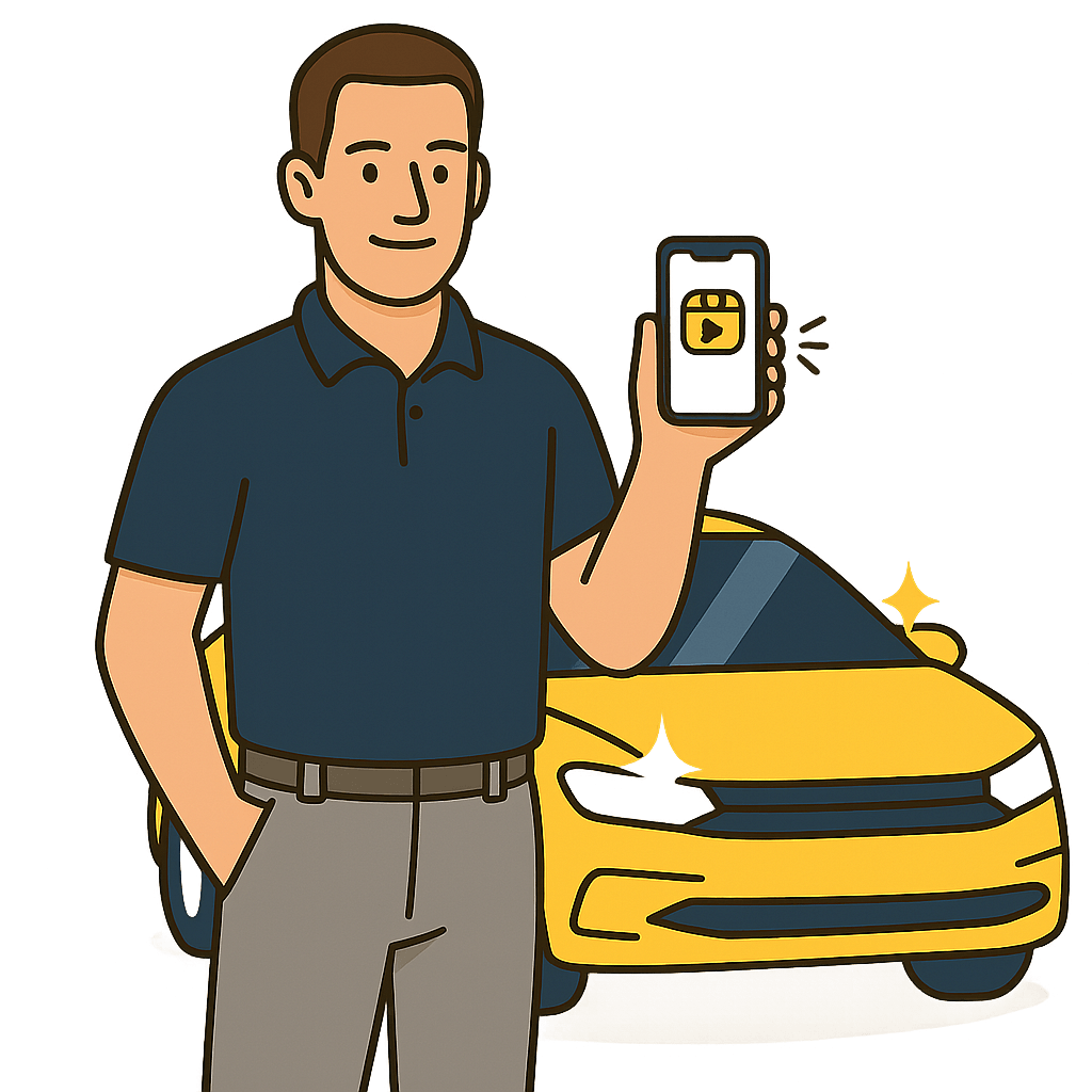 Aufbereiter aus Hamburg steht vor einem Auto und zeigt stolz sein Smartphone