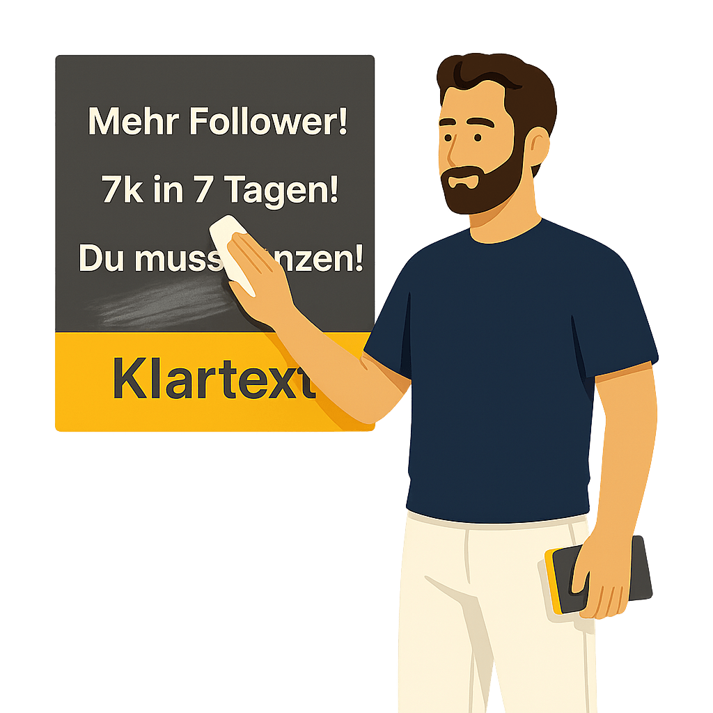 Visibee Gründer wischt leere Instagram-Versprechen wie „Mehr Follower!“ und „7k in 7 Tagen!“ von einer Tafel – darunter steht klar und deutlich: Klartext. Das Bild zeigt, wovon sich das Buch bewusst abgrenzt.
